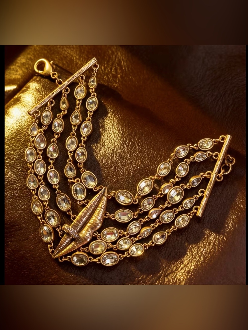Schiaparelli Inspired Vintage bronze-tone Multi-Row Crystal Statement Bracelet